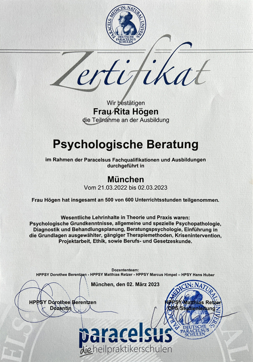 Zertifikat Psychologische Beraterin